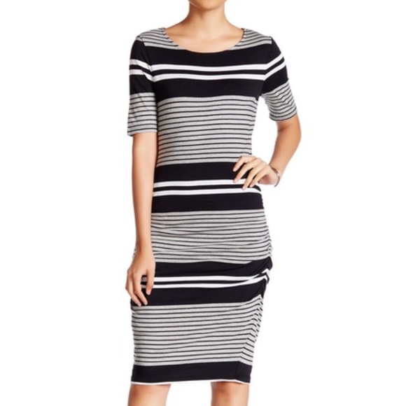 Three Dots Ruched Stripe‎ Midi Dress 42 - Picture 1 of 7